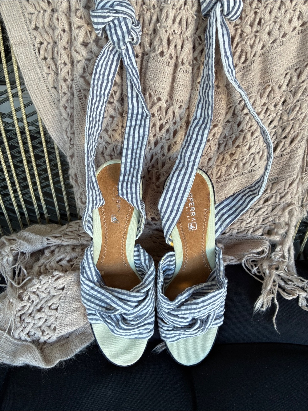 Sperry Navy and White Striped Wrap Espadrilles